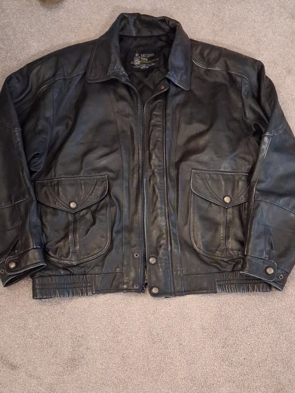 London Fog Men's Vintage Black Distressed Leather Bomber Jacket. (L- Long)